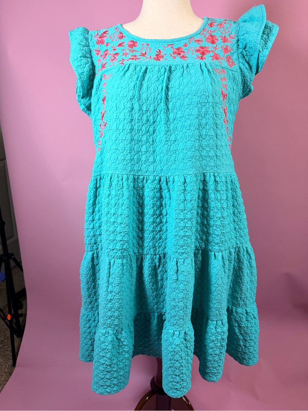 Hailey & Co. Althea Embroidered Babydoll Mini Dress Blue & Pink Like New